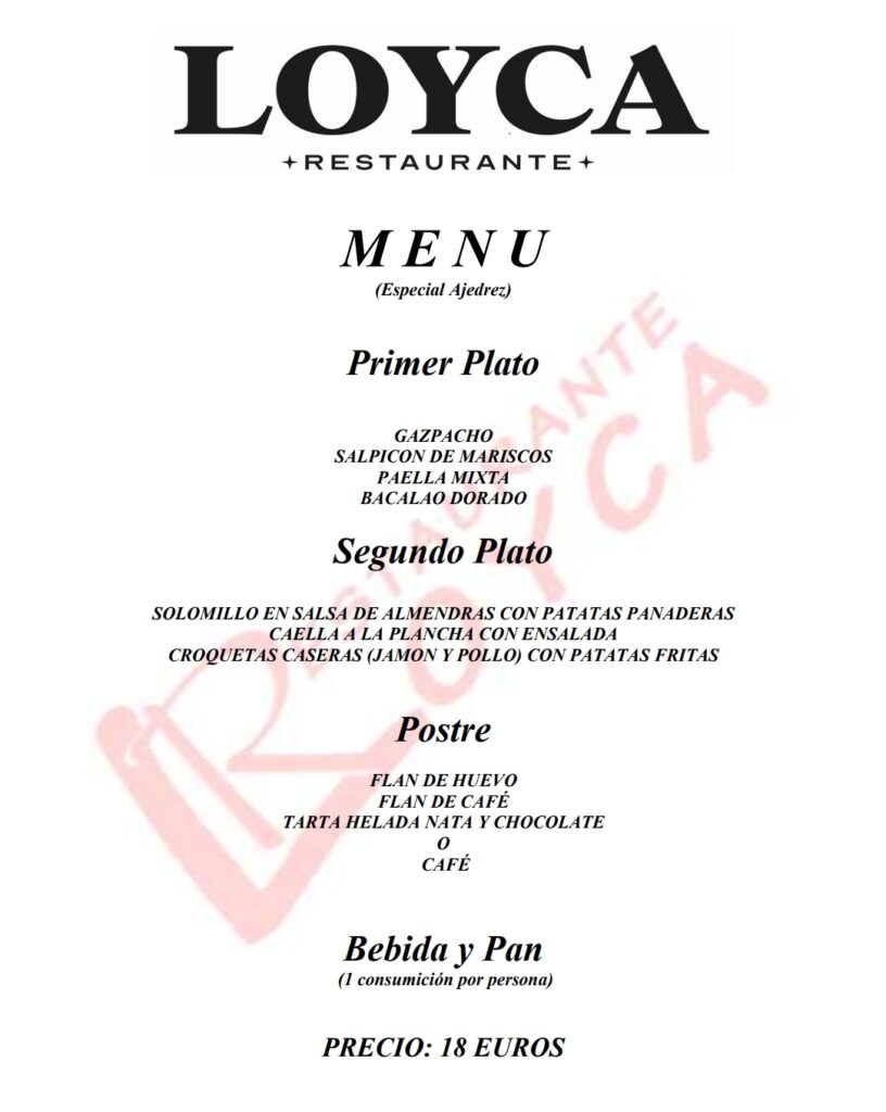 menu especial ajedrez restaurante loyca